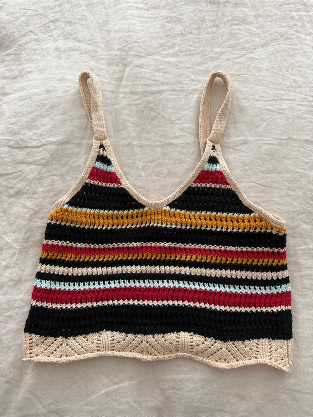 Striped Crochet Camisole Tank Top in Black, Red, Mustard & Cream